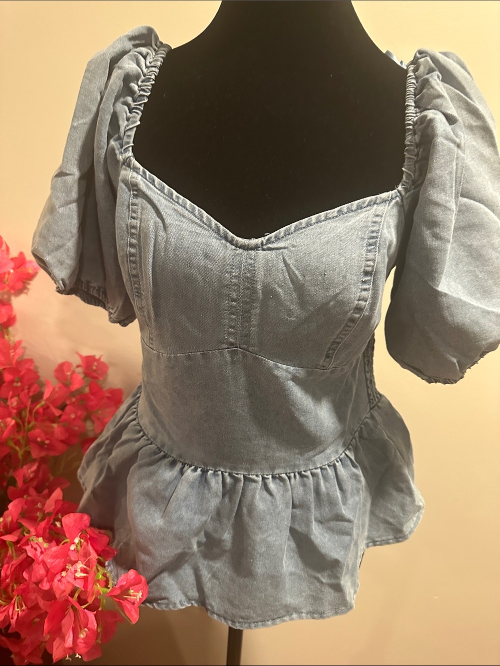 Denim Peplum Puff Sleeve Top - Light Blue